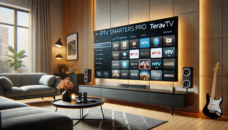 Modern living room with a smart TV showing IPTV Smarters Pro app interface, highlighting seamless streaming with TEREATV."