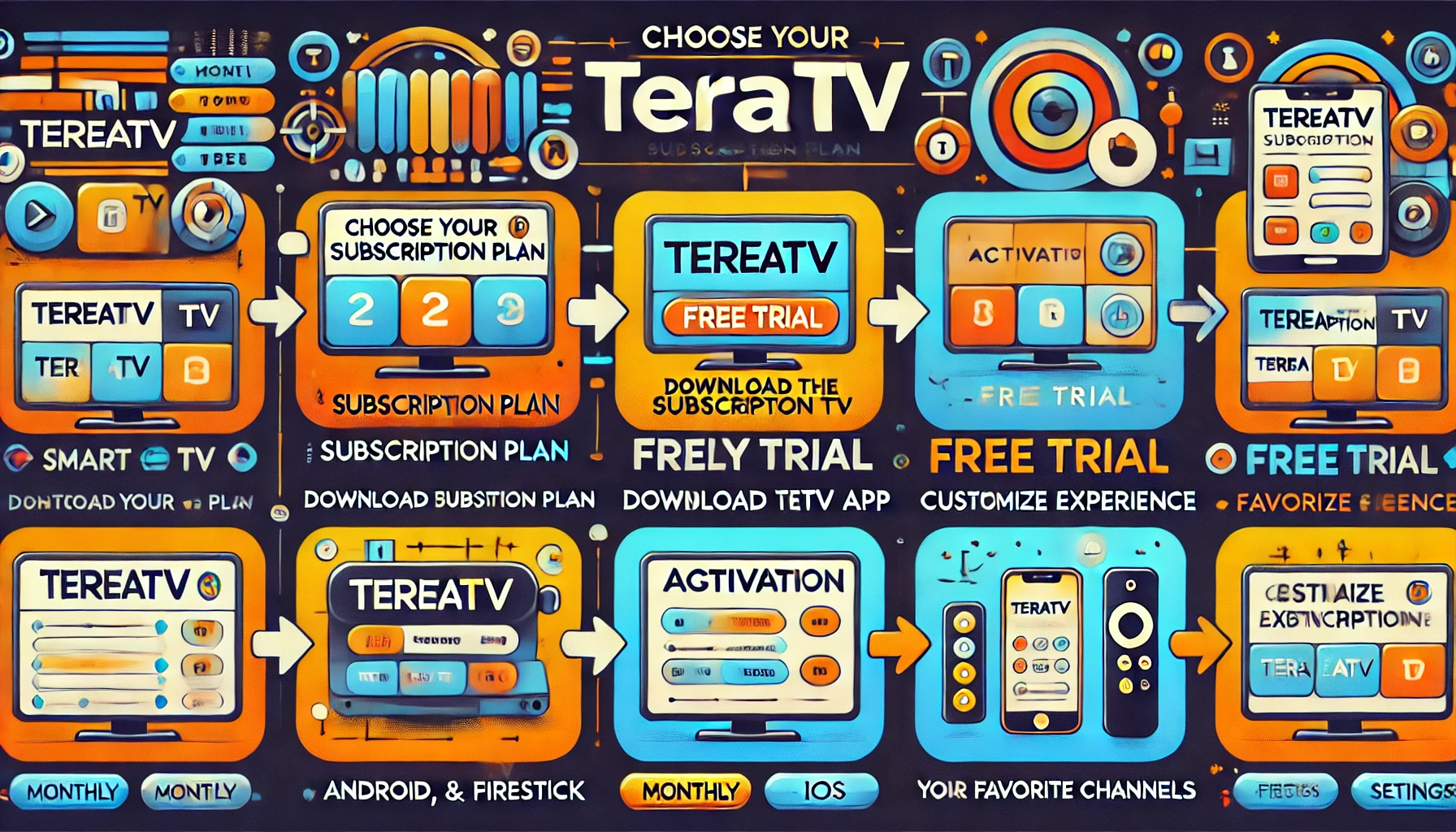 Infographic showing the steps to activate TEREATV, including choosing a subscription plan, registering, making payment, downloading the app, and logging in to start streaming.