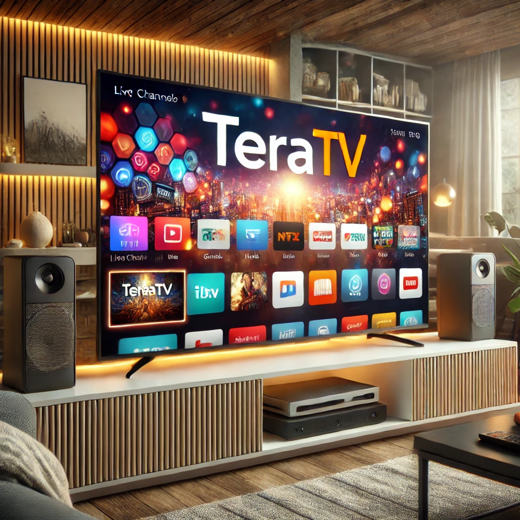 "A modern IPTV setup with a smart TV displaying the TEREATV logo and showcasing live TV channels, movies, and series."