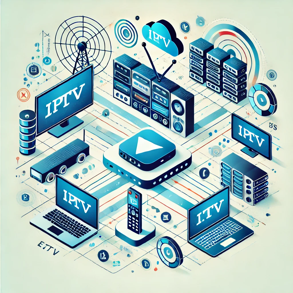 "Illustration of IPTV Restreaming Technology with Multiple Devices Including TVs, Smartphones, and Digital Broadcasting Setup"