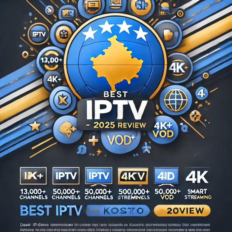 A professional promotional banner for the article "Best IPTV Services in Kosovo – 2025 Review," featuring the Kosovo flag in the background.