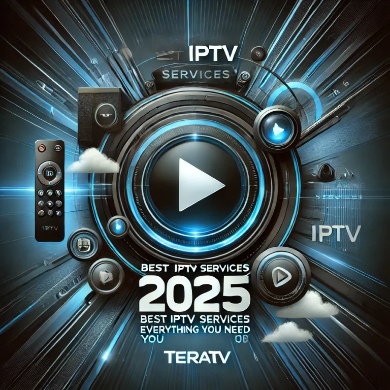 "A professional promotional banner for the IPTV article 'Best IPTV Services 2025 – Everything You Need to Know'. The design features a sleek modern look, emphasizing IPTV streaming services."