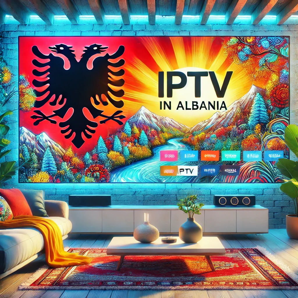 A vibrant and inviting image showcasing IPTV streaming in Albania. The scene features a modern living room with a large smart TV displaying vivid live channels.
