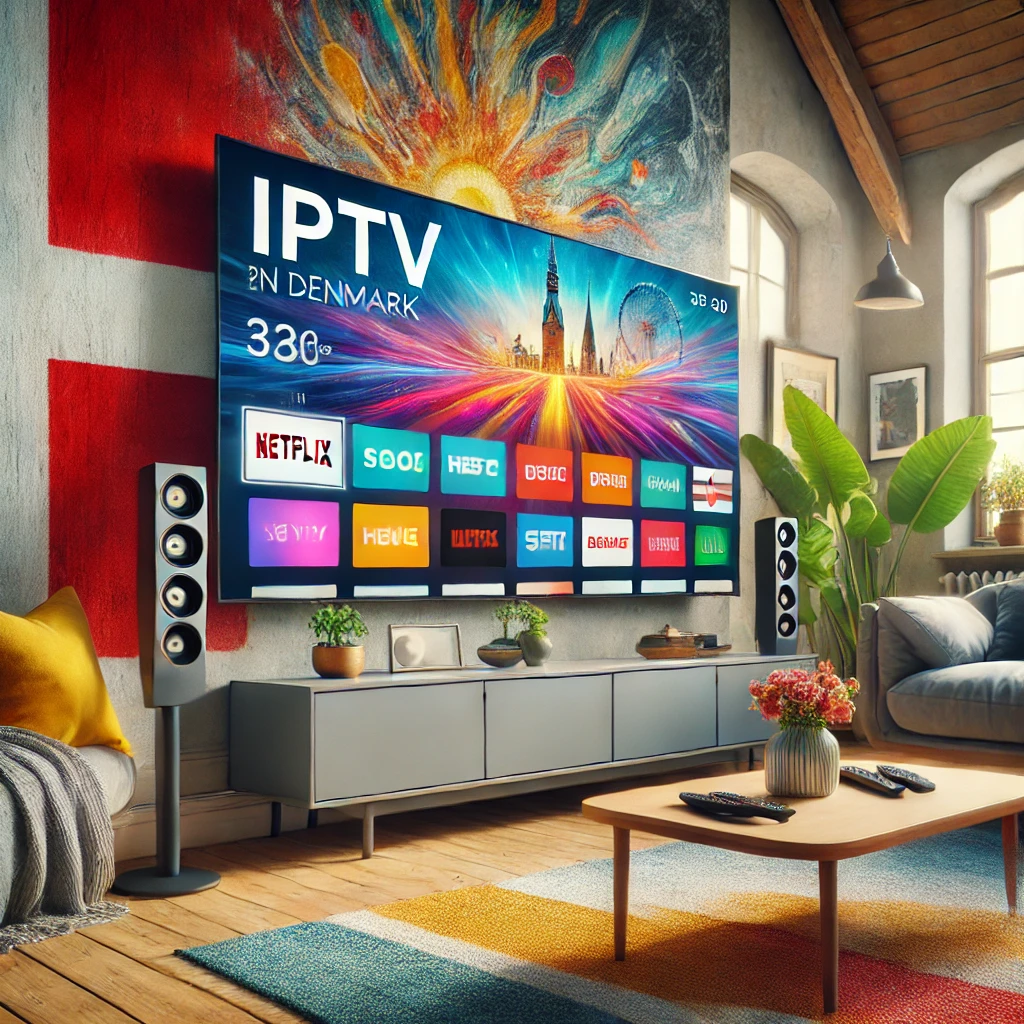 A vibrant and inviting image showcasing IPTV streaming in Denmark. The scene features a modern living room with a large smart TV displaying vivid live content.