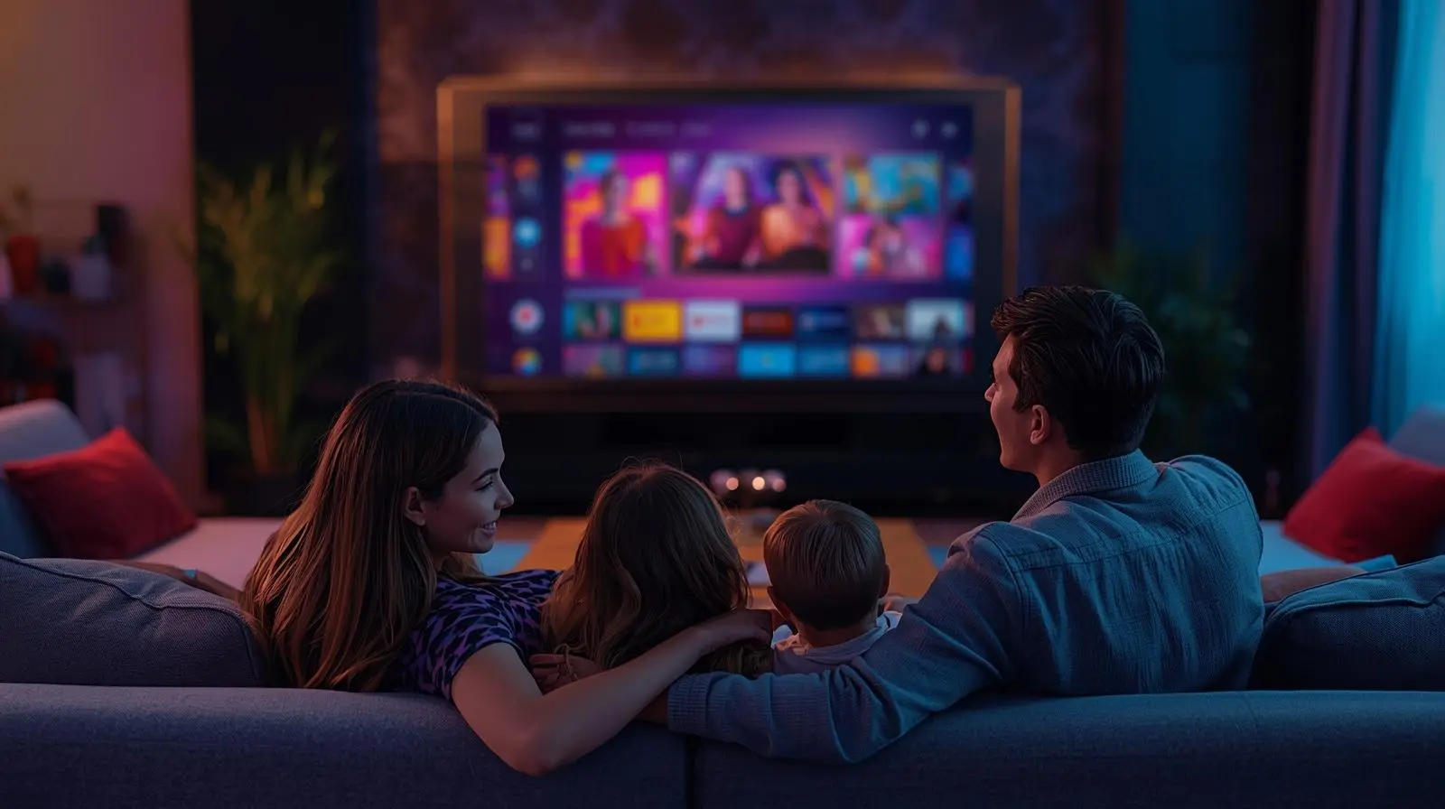Happy modern family watching 4K IPTV streaming on Smart TV with TEREATV USA and UK
